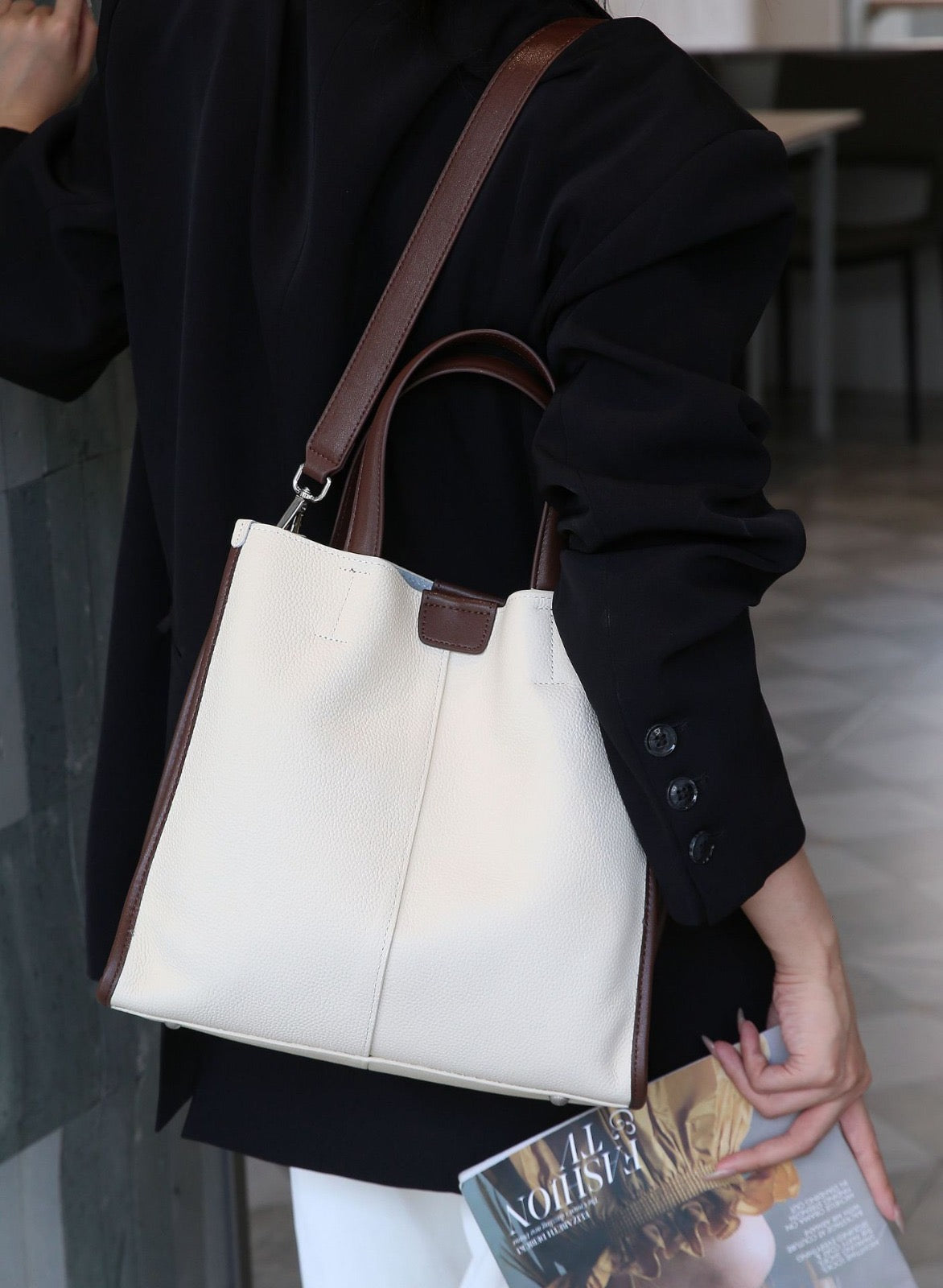 EGM365 WHITE-COFFEE Genuine Leather Bag